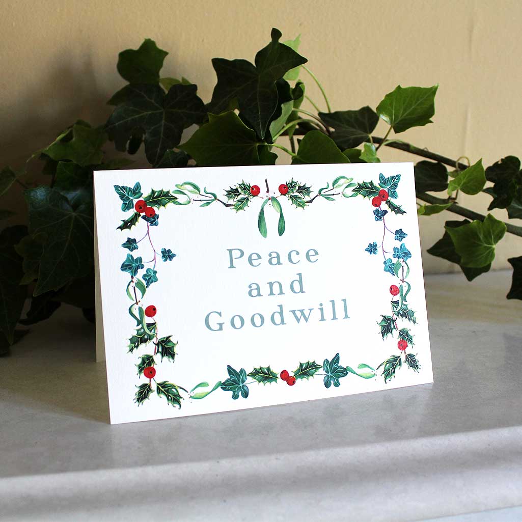 Botanical Wreath "Peace and Goodwill" Christmas Card.